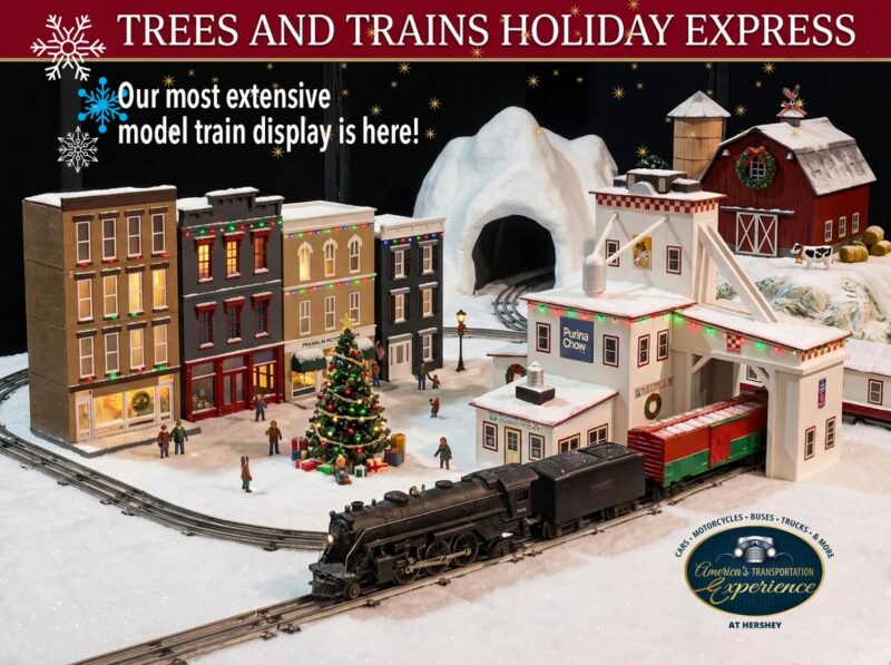 Trees and Trains exhibit art featuring model trains in a town setting